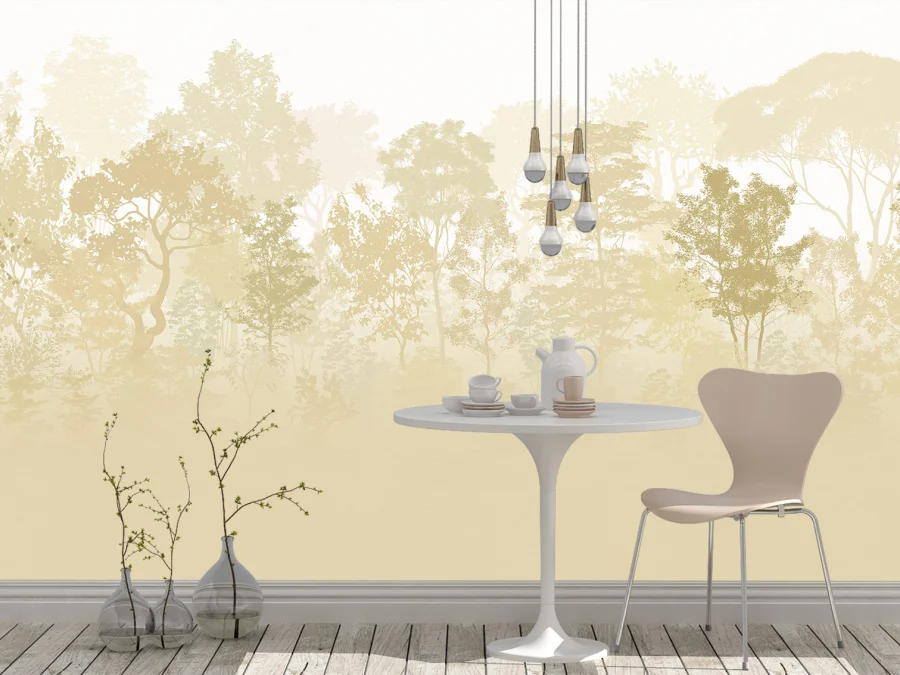 🌅 Фотообои Золотой лес, светлая элегантность для кухни