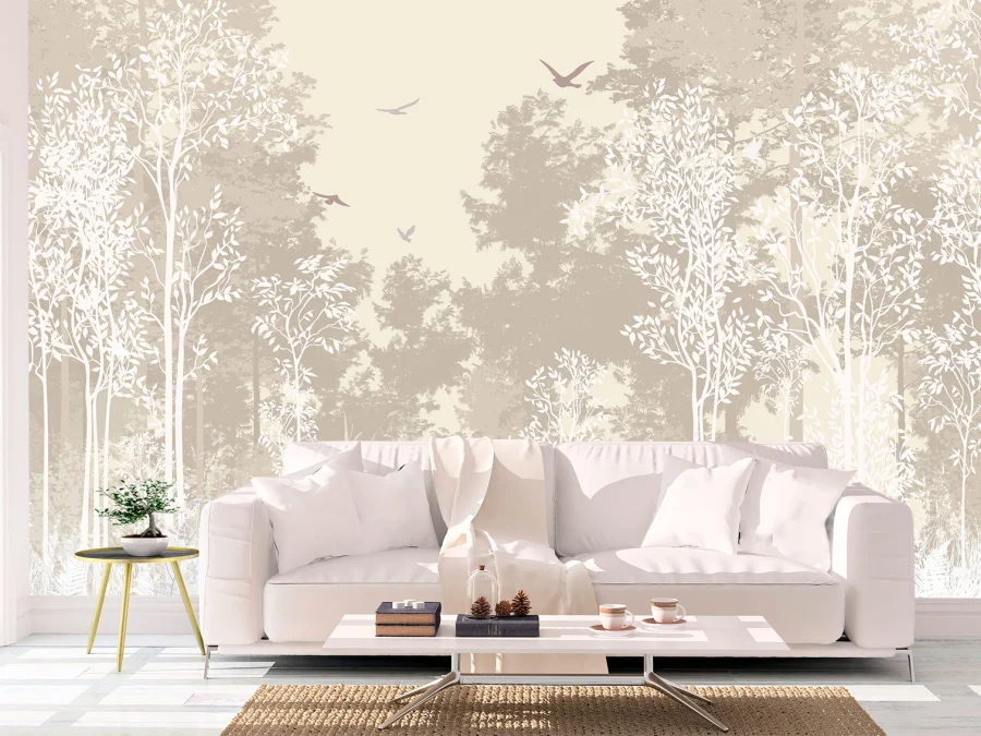🌿 Фотообои «Светлый лес с птицами» для интерьера гостиной