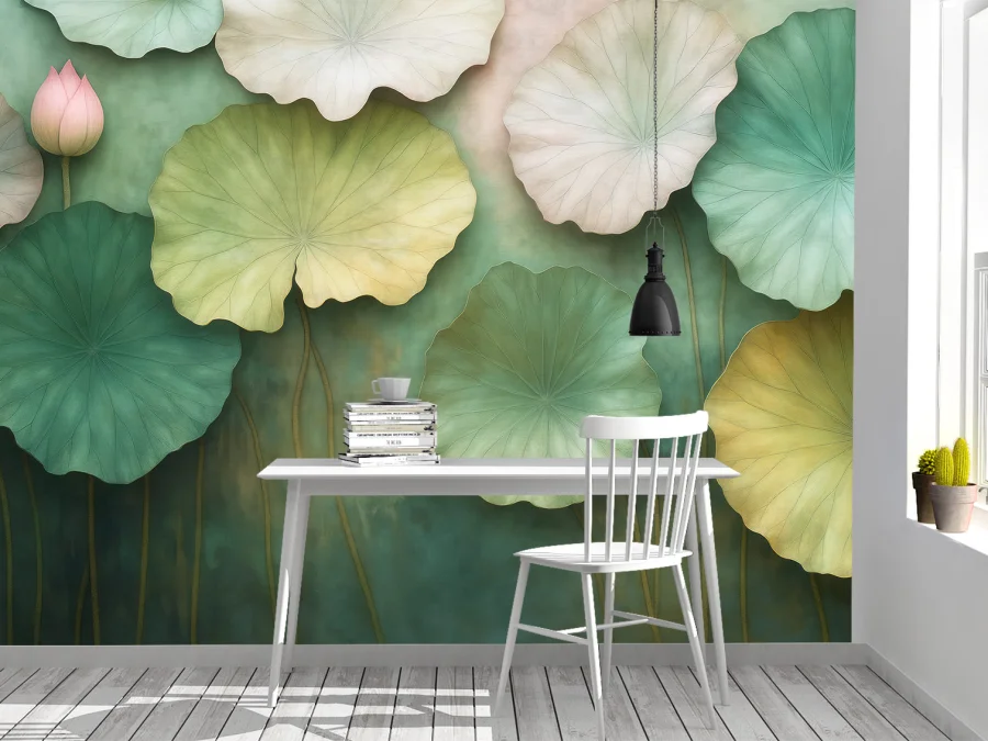 🍃 Fototapet „Frunze de lotus cu floare roz”