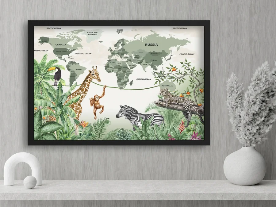 🌿 Карта мира с животными, постер с джунглями
