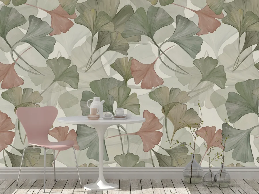 🌿 Фотообои листья гинкго зелёные и розовые