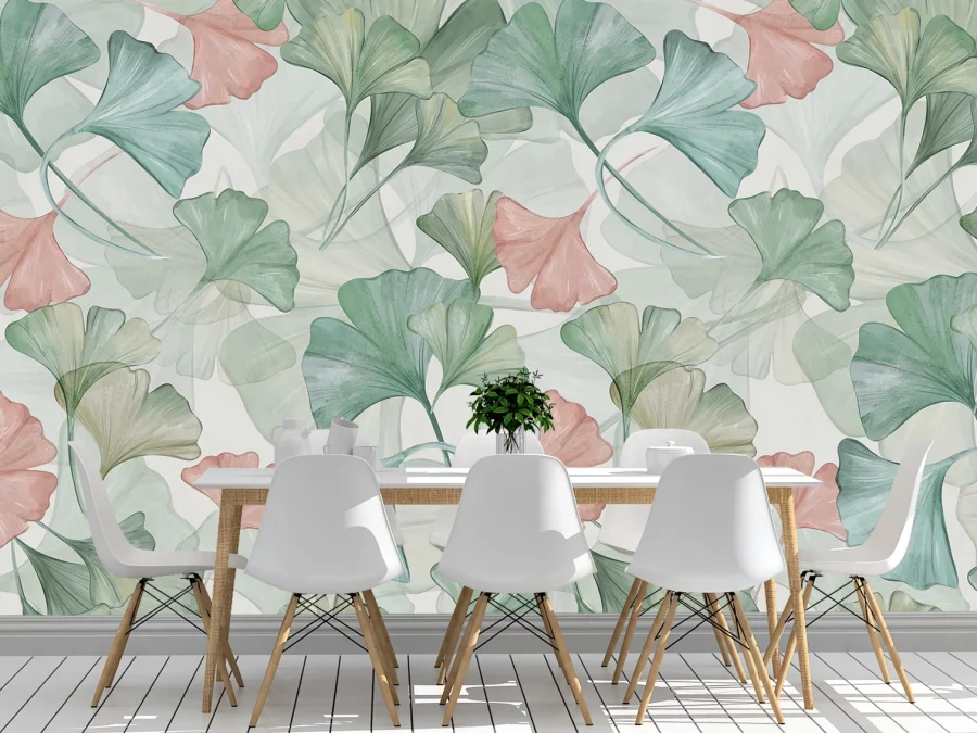 🍃 Фотообои листья гинкго акварельные зелёные и розовые