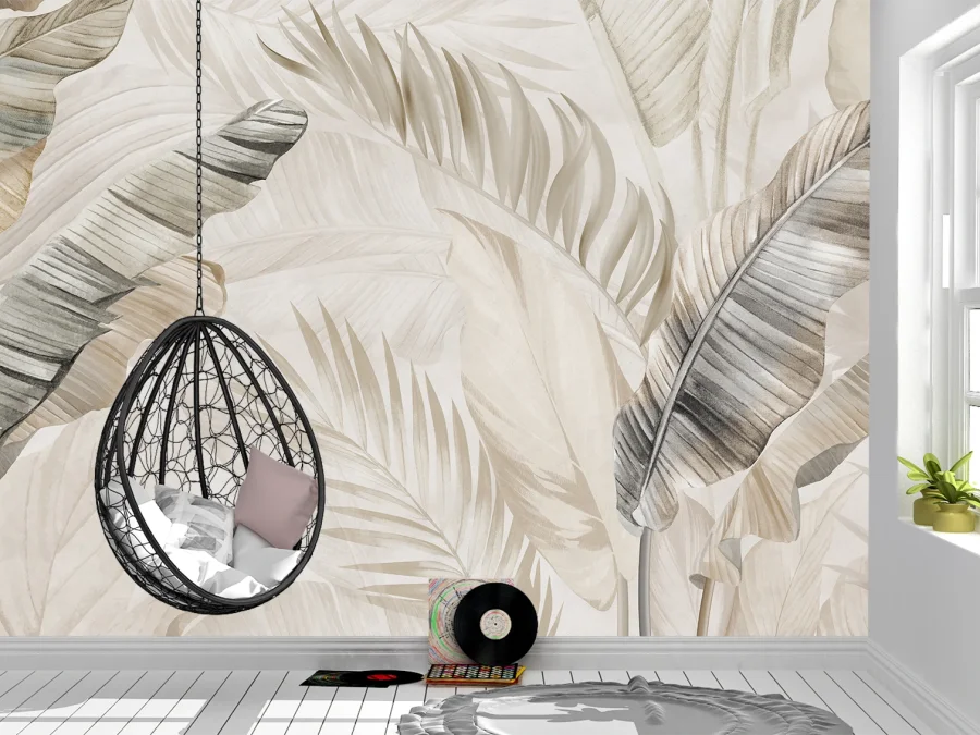 🌿 Фотообои «Бежевые тропические листья»
