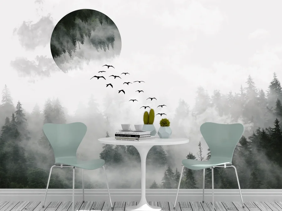 🌲 Fototapet pădure în ceață cu păsări