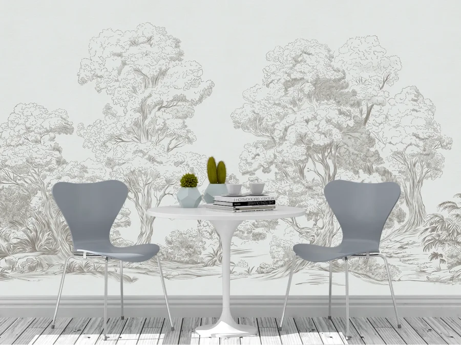 🌿 Fototapet copaci desen artistic pe fundal deschis