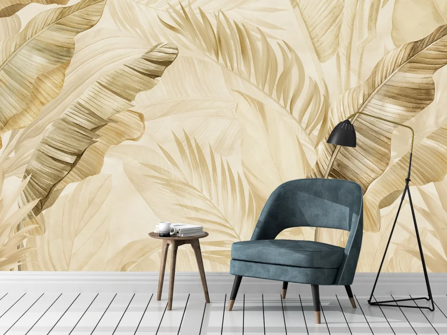 🌿 Fototapet cu frunze tropicale bej