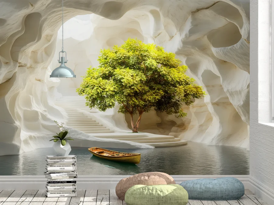 🛶 Fototapet peisaj cu barcă și copac în peșteră