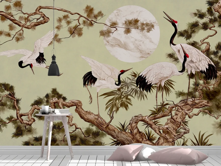 🕊️ Обои журавли и луна на зелёном фоне