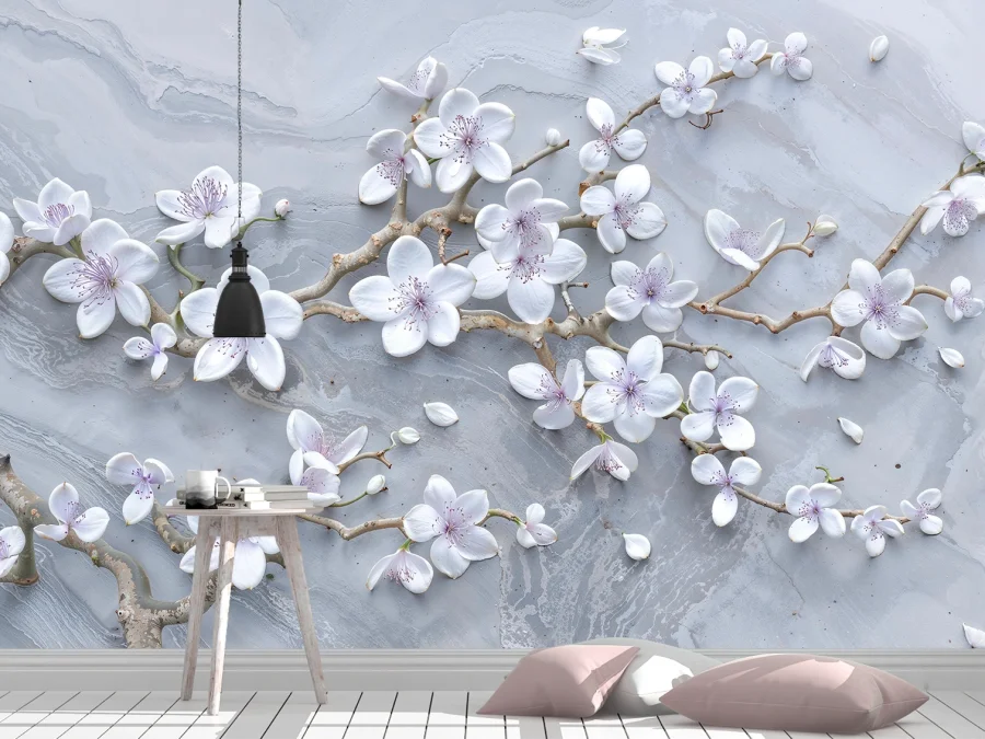 🌸 Fototapet cu flori albe de cireș japonez