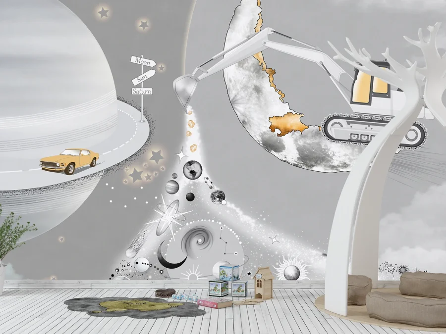 🚀 Обои детские космос с планетами и машиной
