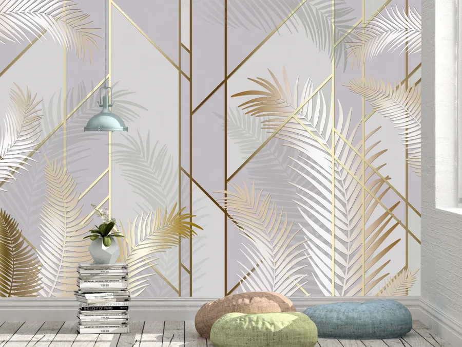🌴 Fototapet frunze aurii pe fundal gri-liliachiu