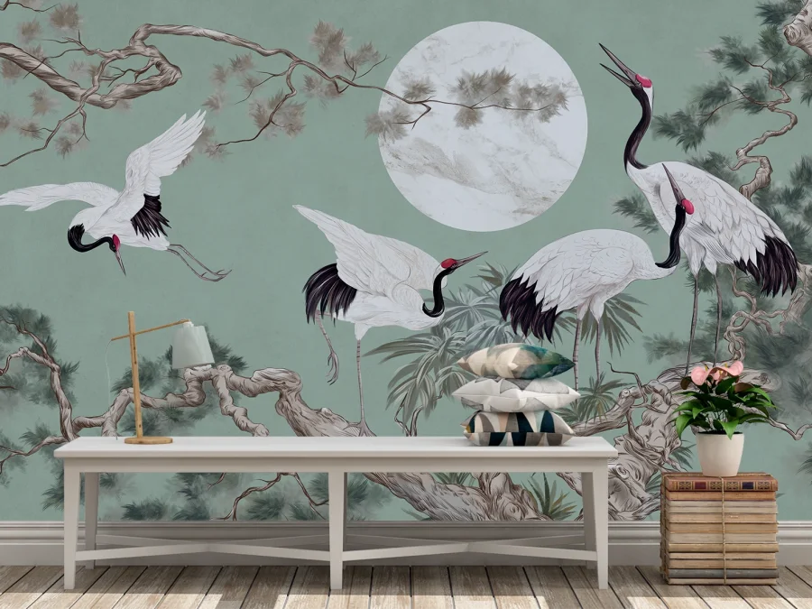 🕊️ Fototapet cocori și lună pe fundal verde-turcoaz