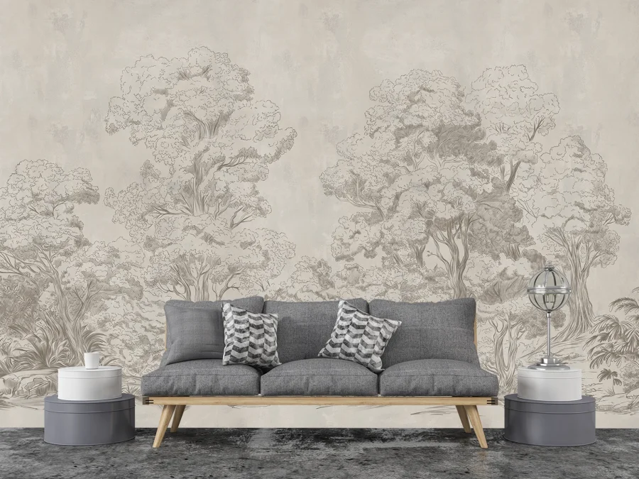 🌳 Fototapet desen cu copaci în nuanțe bej-gri