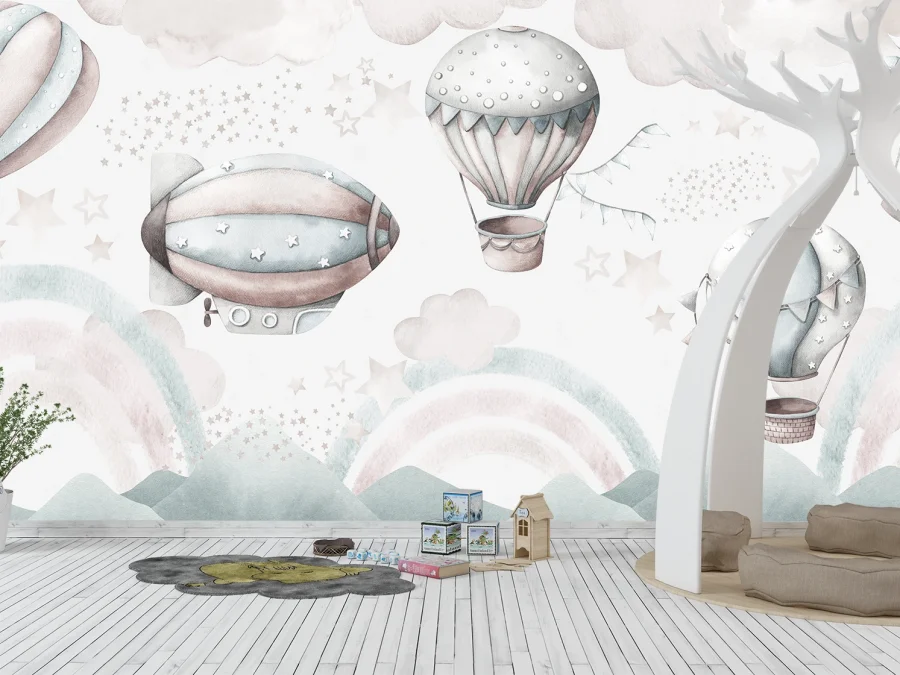 🎈 Fototapet copii cu baloane pastel și dirijabil