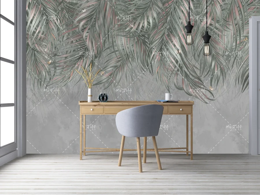 🌿 Tapet modern cu frunze tropicale pe fundal gri