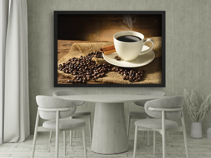 ☕ Tablou cu cafea neagră și scorțișoară cu ramă neagră