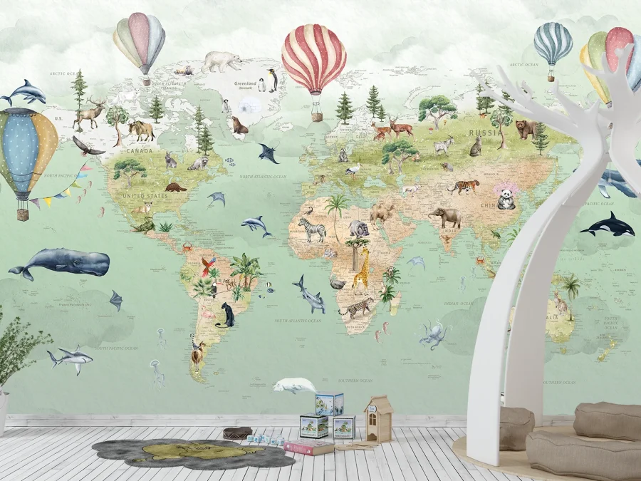 🌍 Tapet hartă lumii cu animale și baloane cu aer cald