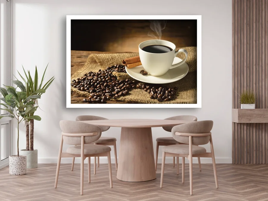 ☕ Tablou cu cafea neagră și scorțișoară cu ramă neagră