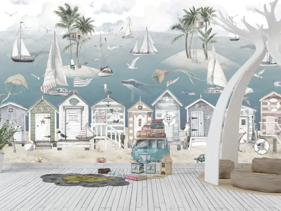 🌊 Fototapet copii cu plajă și bărci cu pânze