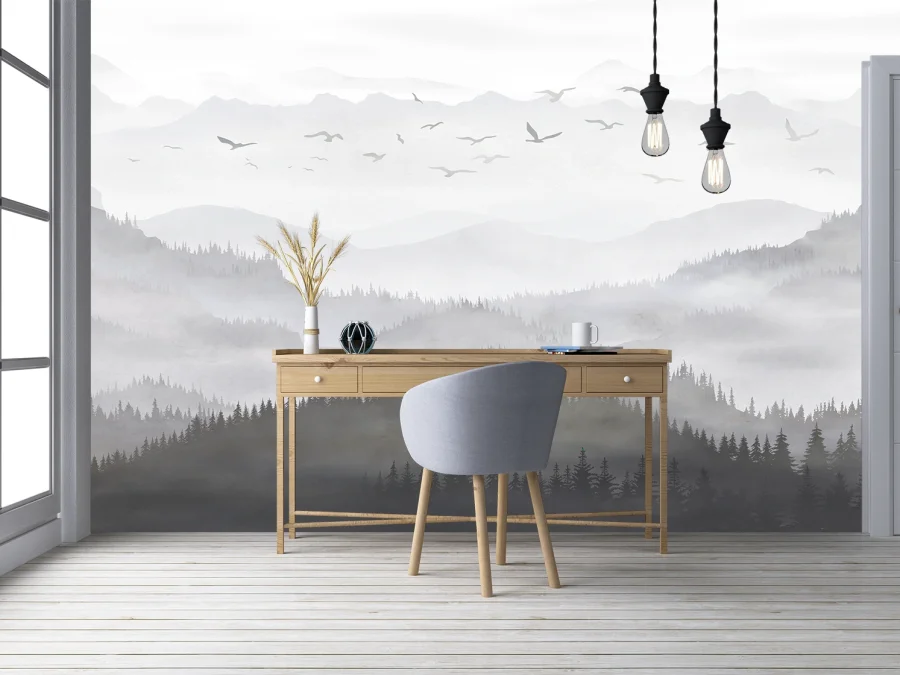 🌲 Fototapet peisaj munți și pădure în ceață