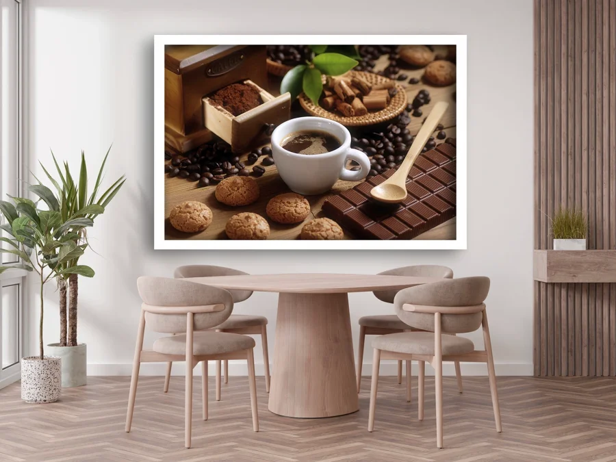 ☕ Poster cu cafea, biscuiți și ciocolată cu ramă neagră