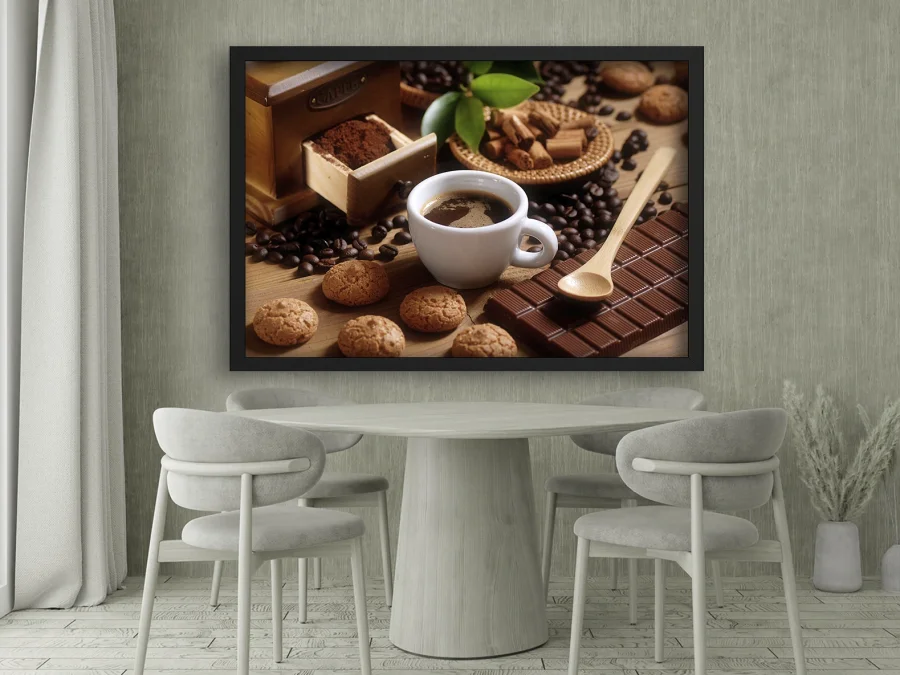 ☕ Poster cu cafea, biscuiți și ciocolată cu ramă neagră