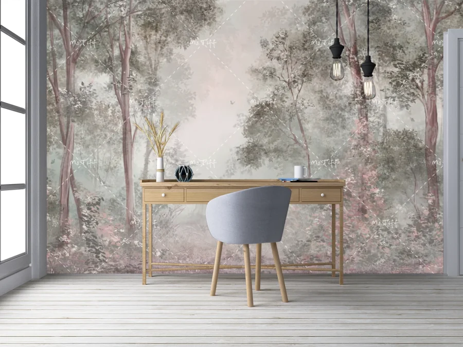 🌳 Фотообои Лес в тумане, нежный акварельный пейзаж