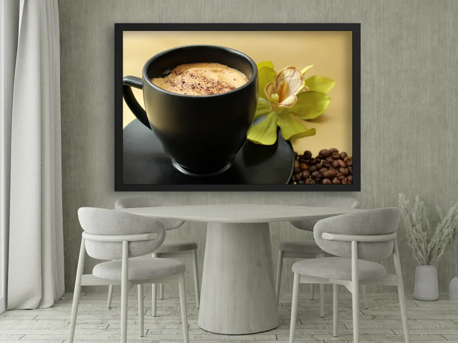 ☕ Poster cu cafea neagră și orhidee în ramă albă