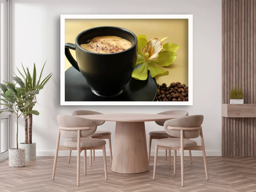 ☕ Poster cu cafea neagră și orhidee în ramă albă