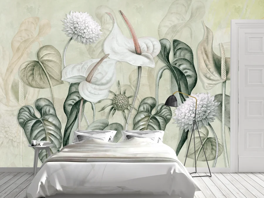 🌿 Tapet Anthurium alb, design natural și elegant