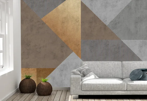 ✨ Fototapet geometric cu accente aurii pentru living