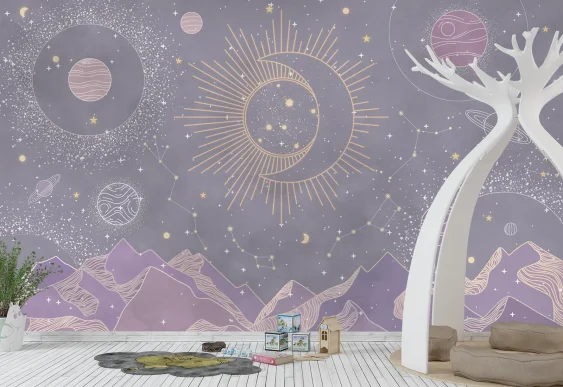 🌙 Фотообои «Луна и космос» в фиолетовых тонах для детской
