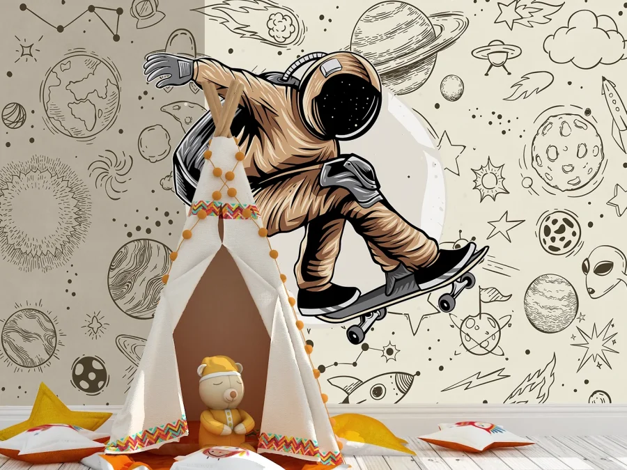 Fototapet cu astronaut skateboarder bej pentru copii