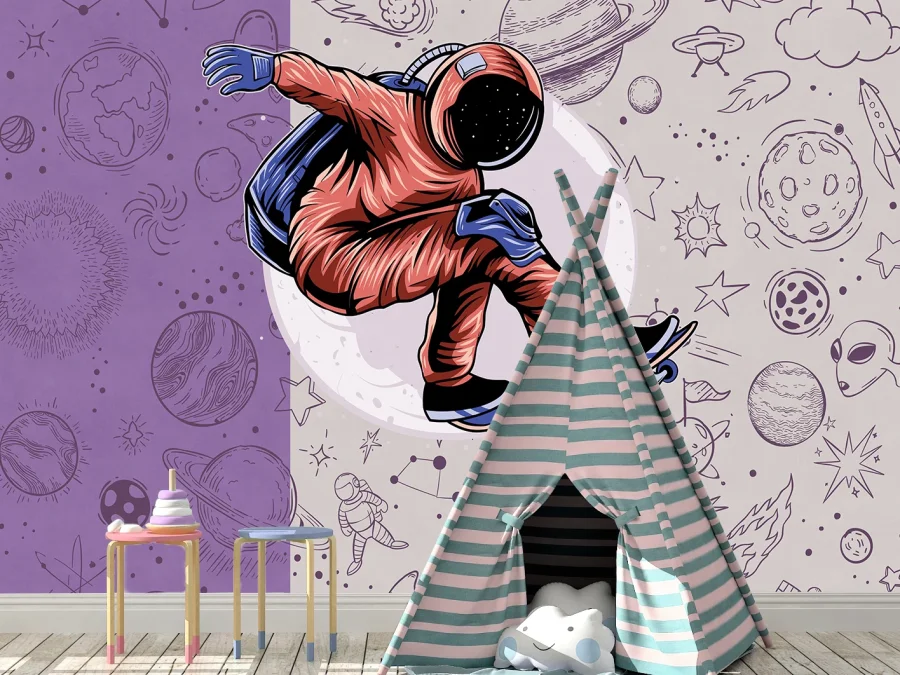 Tapet astronaut skateboarder în nuanțe violet pentru copii