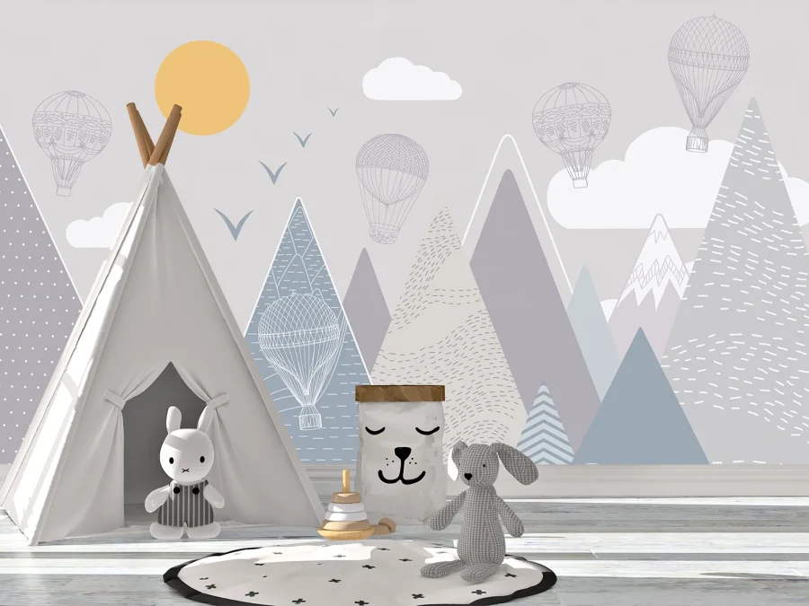 Фотообои с горами и воздушными шарами в пастельных тонах