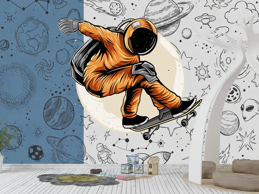 Fototapet cu astronaut pe skateboard și fundal cosmic