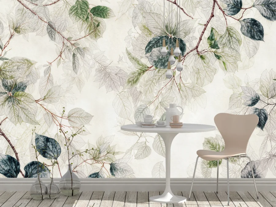 🌿 Fototapet cu frunze delicate în tonuri deschise