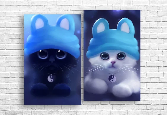 🐾 Tablou modular „Două pisicuțe cu căciulițe albastre”