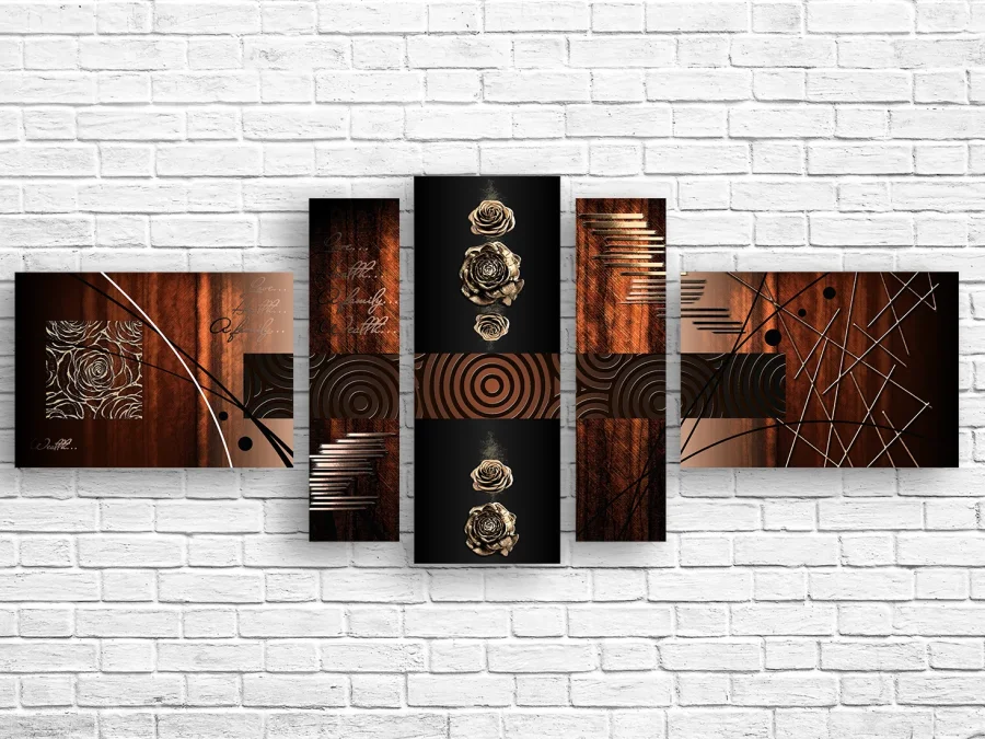 🖤 Tablou modular „Trandafiri aurii pe fundal de lemn”