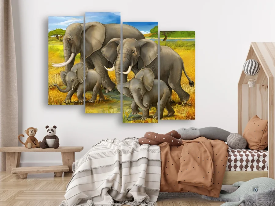 🐘 Модульная картина «Семья слонов в саванне»