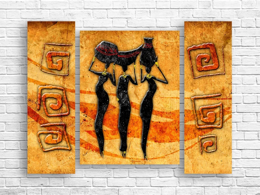 🖤 Картина триптих Абстракция, танец в африканском стиле