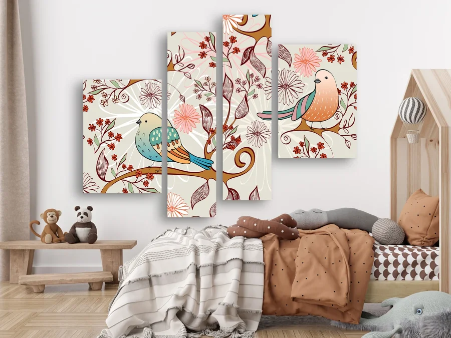 🐦 Модульная картина «Птицы и цветы» в пастельных тонах