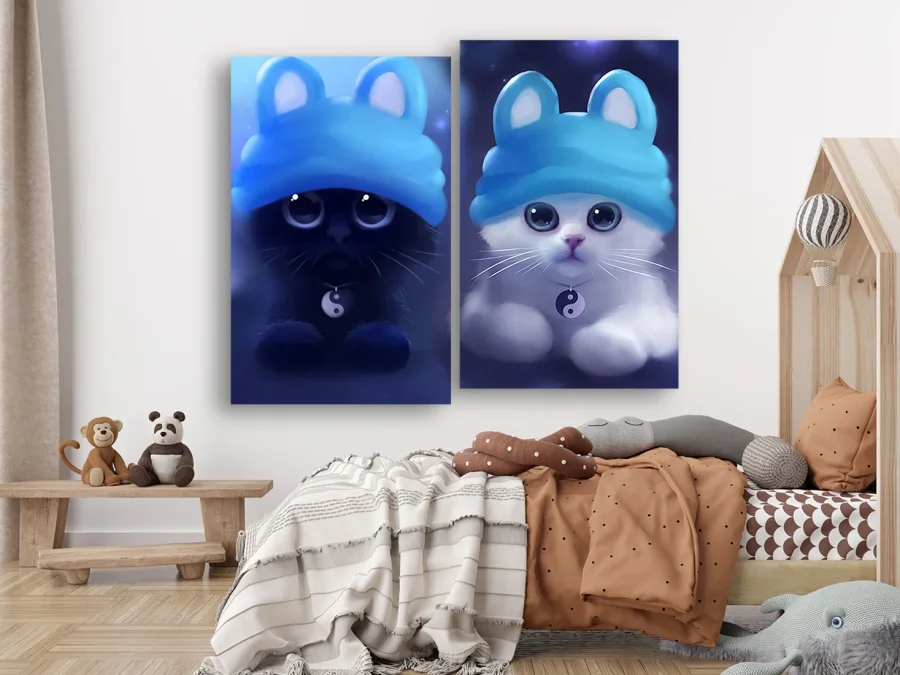 🐾 Модульная картина «Две кошечки в голубых шапочках»