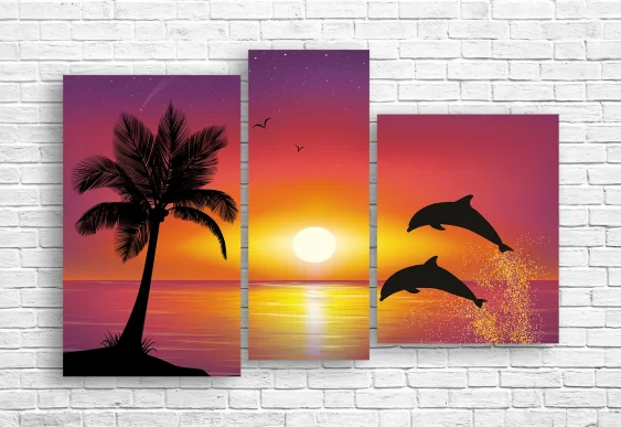 🌅 Tablou modular Palmieri pe fundalul apusului oceanic