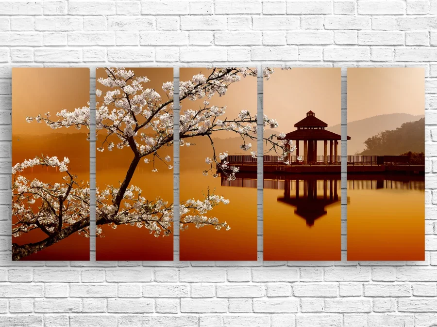 🌸 Модульная картина «Сакура и павильон на закате»