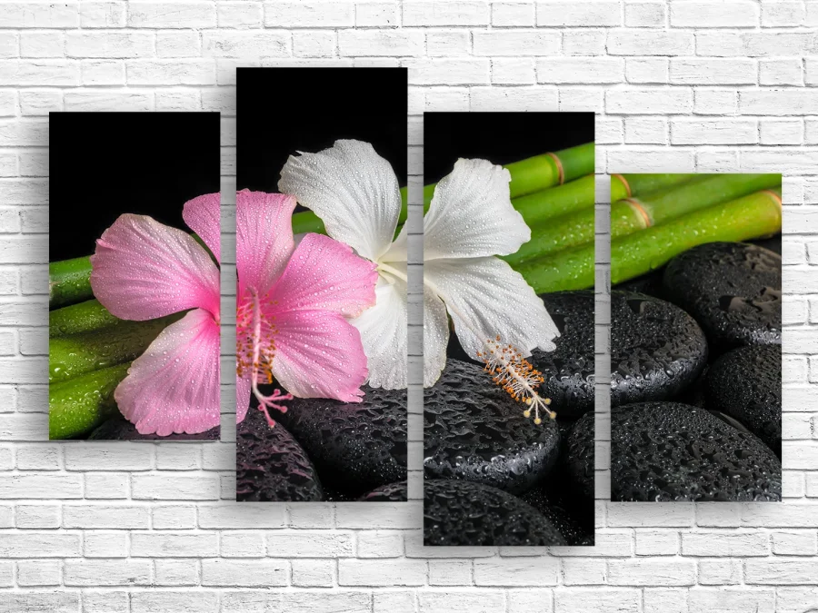 🖼️ Модульная картина гибискус на камнях и бамбук