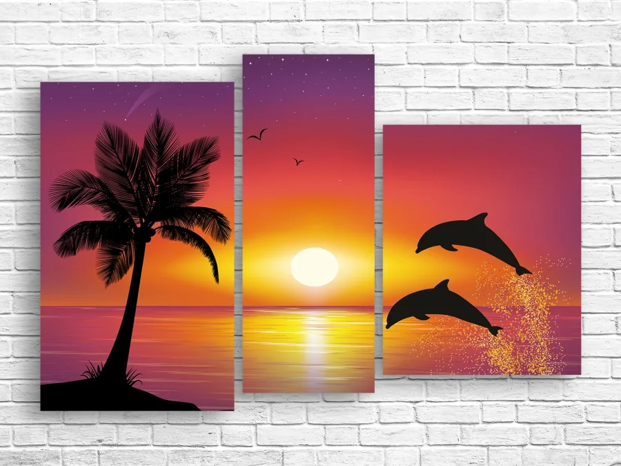 🐬 Tablou modular Delfini pe fundalul apusului cu palmier