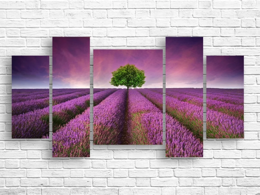 🌳 Tablou modular „Câmp de lavandă cu copac verde”