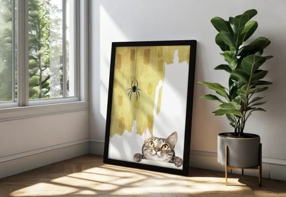 🐱 Pisică și păianjen într-o scenă amuzantă în ramă