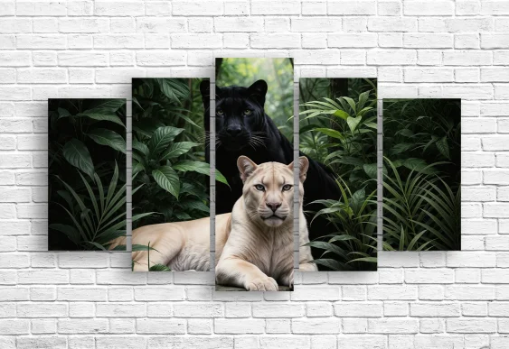 🐆 Модульная картина пантера и львица в зелёных джунглях